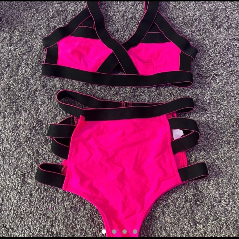 Hot pink and black bathing suit